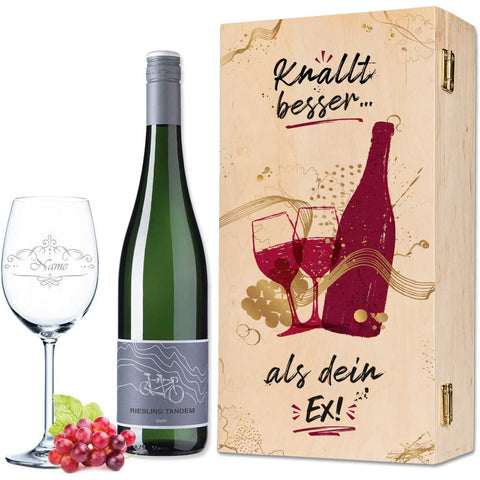 Leonardo Weinglas "Knallt besser als Dein Ex" inkl. bedruckter Holzkiste + Riesling Tandem