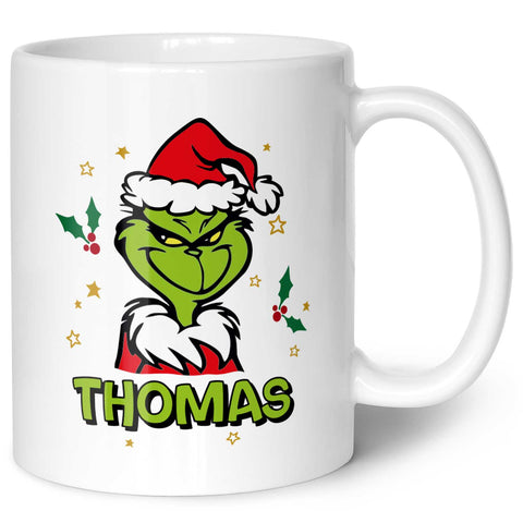 Bedruckte Tasse mit Weihnachtsmotiv - Grinch mit Name