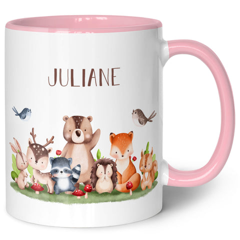 Bedruckte Tasse mit Name - Tiergruppe Wald