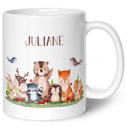 Bedruckte Tasse mit Name - Tiergruppe Wald