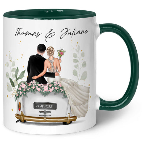 Bedruckte Tasse mit Konfiguration - Hochzeitsauto mit eigenem Brautpaar