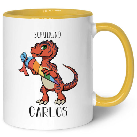 Bedruckte Tasse mit Motiv Einschulung Dino