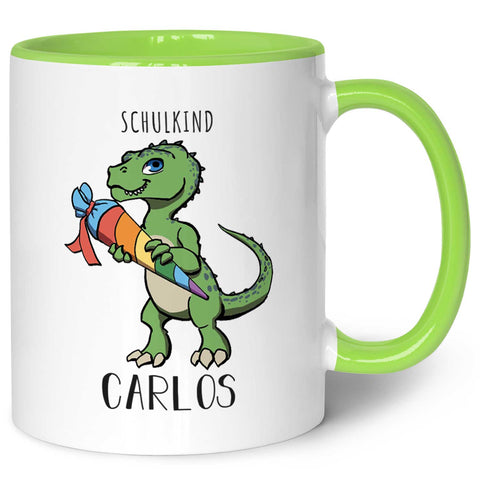 Bedruckte Tasse mit Motiv Einschulung Dino