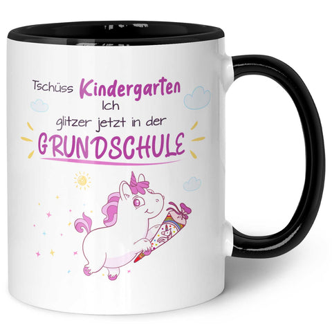 Bedruckte Tasse mit Spruch - Tschüss Kindergarten ich glitzer in der Grundschule