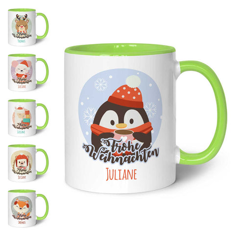 Bedruckte Tasse mit Weihnachtsmotiv - Weihnachtstiere mit Name