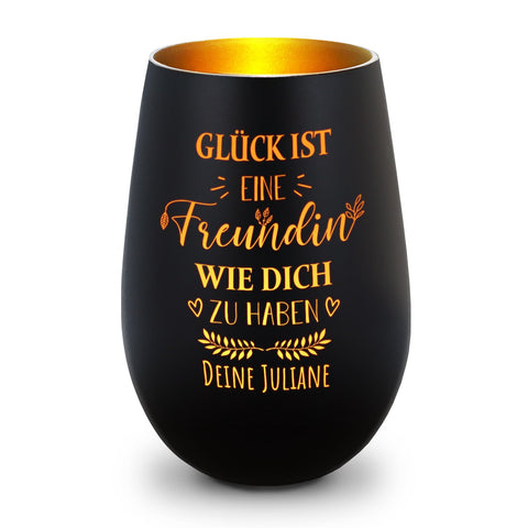 Deko Windlicht aus Glas mit Gravur - Glück ist eine Freundin wie Dich zu haben - Personalisiert mit