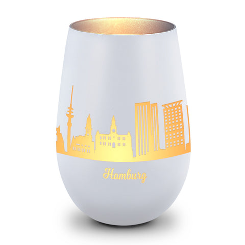 Deko Windlicht aus Glas mit Gravur - Skyline Hamburg