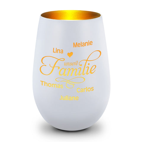 Deko Windlicht aus Glas mit Gravur - Unsere Familie - Personalisiert mit bis zu fünf Namen