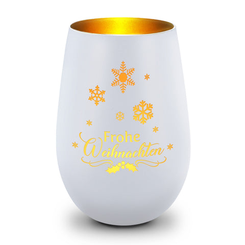 Deko Windlicht aus Glas mit Gravur - Frohe Weihnachten Schneeflocke