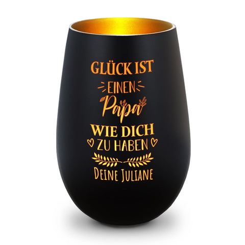 Deko Windlicht aus Glas mit Gravur - Glück ist einen Papa wie Dich zu haben - Personalisiert mit Nam