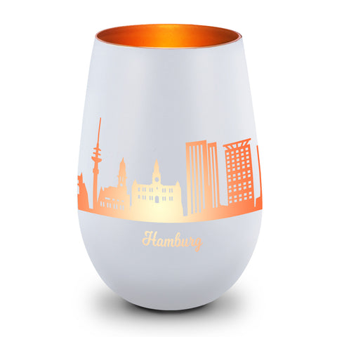 Deko Windlicht aus Glas mit Gravur - Skyline Hamburg