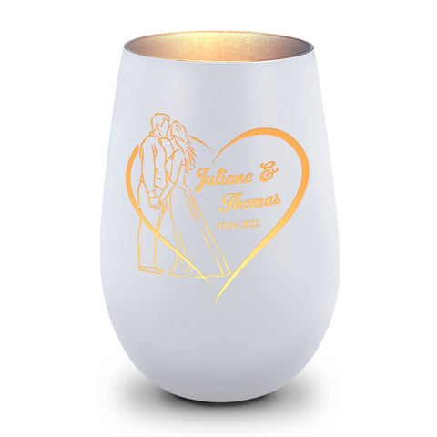 Deko Windlicht aus Glas mit Gravur - Hochzeitskuss - Personalisiert mit Namen & Datum