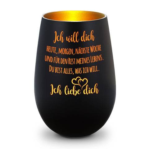 Deko Windlicht aus Glas mit Gravur - Ich will dich heute, morgen