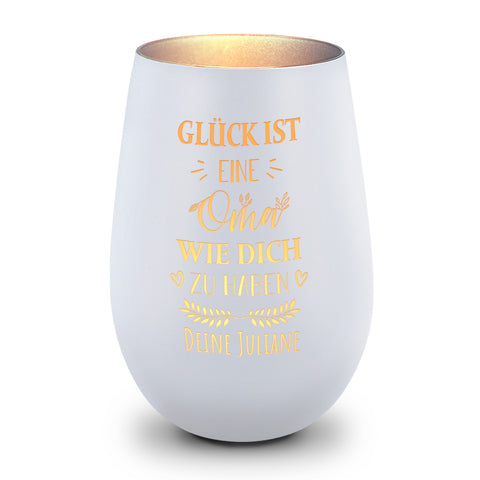 Deko Windlicht aus Glas mit Gravur - Glück ist eine Oma wie Dich zu haben - Personalisiert mit Namen