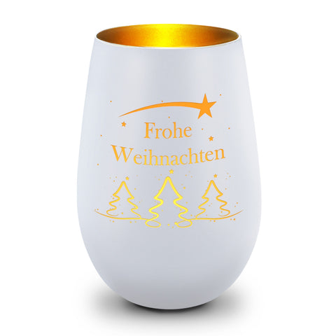 Deko Windlicht aus Glas mit Gravur - Tannenbaum - Frohe Weihnachten