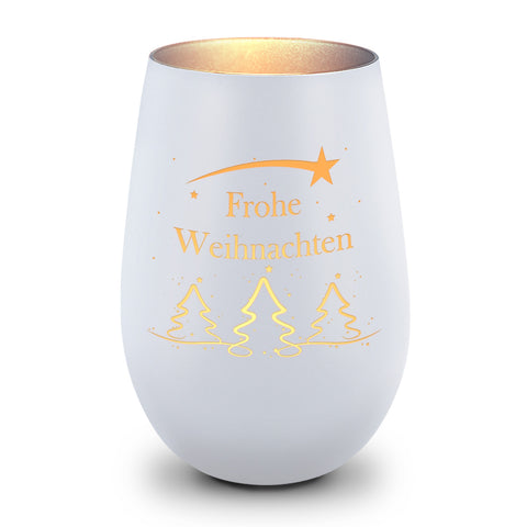 Deko Windlicht aus Glas mit Gravur - Tannenbaum - Frohe Weihnachten