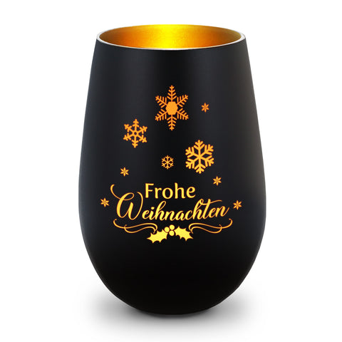 Deko Windlicht aus Glas mit Gravur - Frohe Weihnachten Schneeflocke