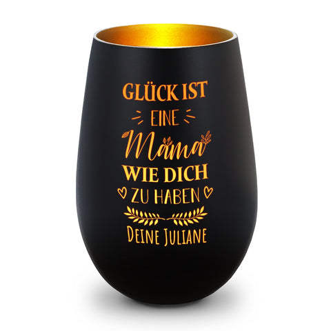 Deko Windlicht aus Glas mit Gravur - Glück ist eine Mama wie Dich zu haben - Personalisiert mit Name