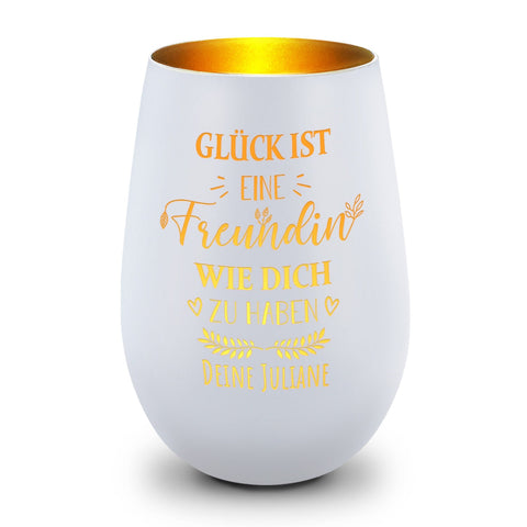 Deko Windlicht aus Glas mit Gravur - Glück ist eine Freundin wie Dich zu haben - Personalisiert mit