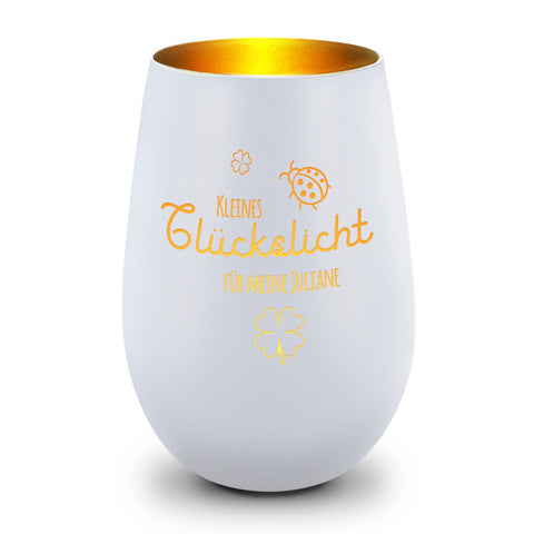 Deko Windlicht aus Glas mit Gravur - Kleines Glückslicht - Personalisiert mit Name