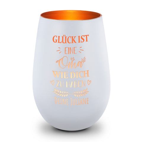 Deko Windlicht aus Glas mit Gravur - Glück ist eine Oma wie Dich zu haben - Personalisiert mit Namen