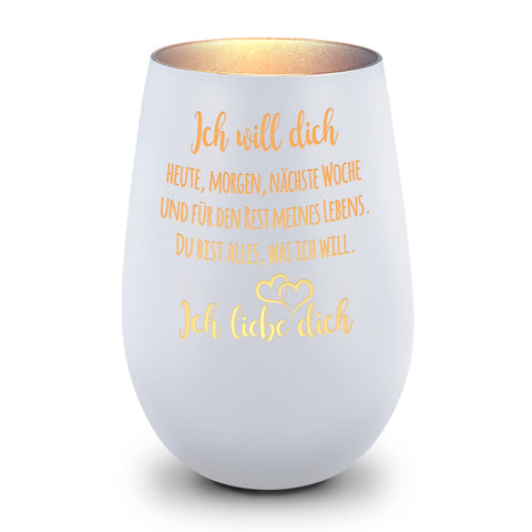 Deko Windlicht aus Glas mit Gravur - Ich will dich heute, morgen