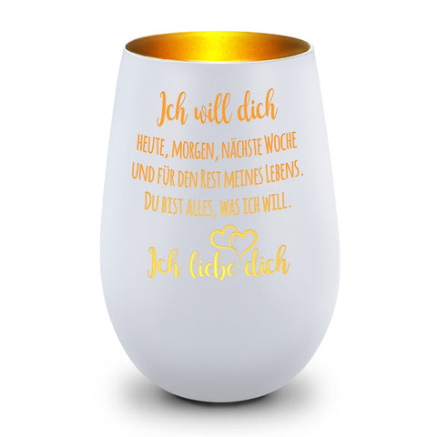 Deko Windlicht aus Glas mit Gravur - Ich will dich heute, morgen