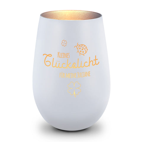 Deko Windlicht aus Glas mit Gravur - Kleines Glückslicht - Personalisiert mit Name