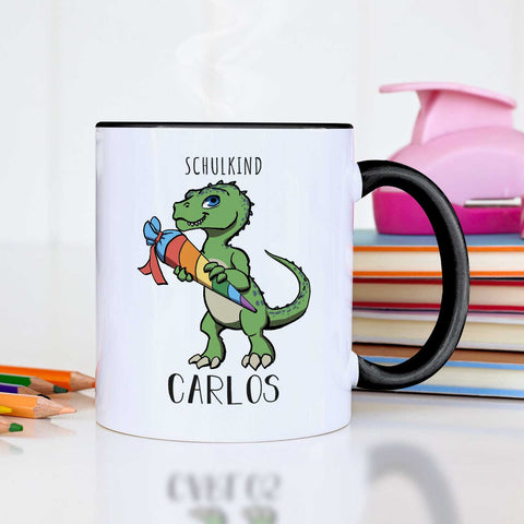 Bedruckte Tasse mit Motiv Einschulung Dino