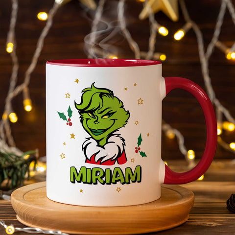 Bedruckte Tasse mit Weihnachtsmotiv - Grinch mit Name