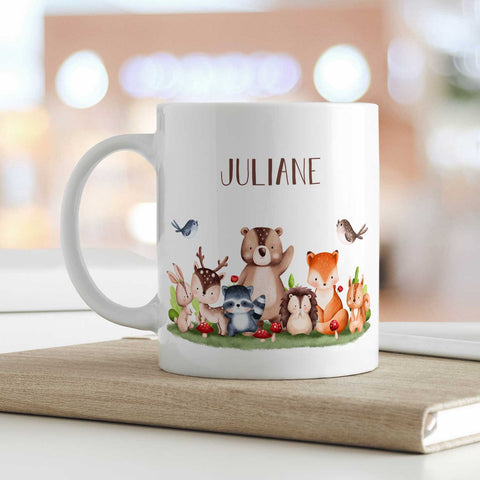 Bedruckte Tasse mit Name - Tiergruppe Wald