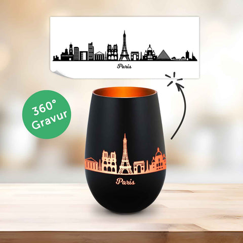 Deko Windlicht aus Glas mit Gravur - Skyline Paris