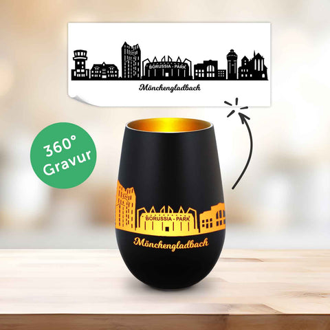 Deko Windlicht aus Glas mit Gravur - Skyline Mönchengladbach