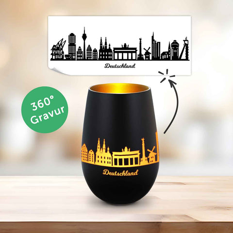 Deko Windlicht aus Glas mit Gravur - Skyline Deutschland