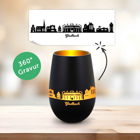 Deko Windlicht aus Glas mit Gravur - Skyline Gladbach