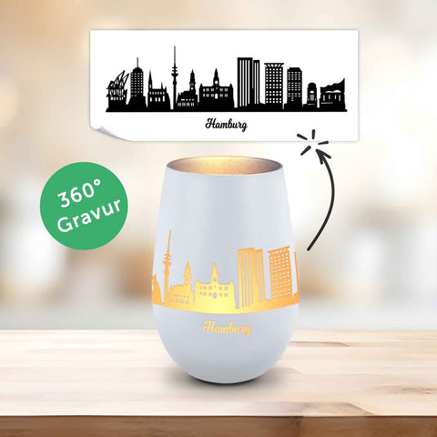 Deko Windlicht aus Glas mit Gravur - Skyline Hamburg