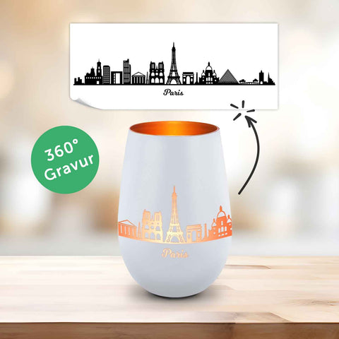 Deko Windlicht aus Glas mit Gravur - Skyline Paris