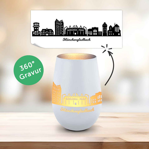 Deko Windlicht aus Glas mit Gravur - Skyline Mönchengladbach