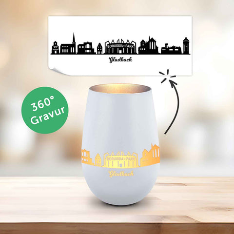 Deko Windlicht aus Glas mit Gravur - Skyline Gladbach