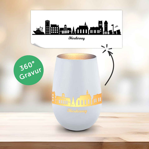 Deko Windlicht aus Glas mit Gravur - Skyline Norderney