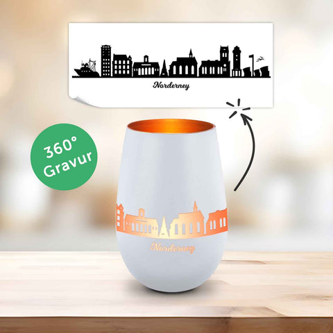 Deko Windlicht aus Glas mit Gravur - Skyline Norderney