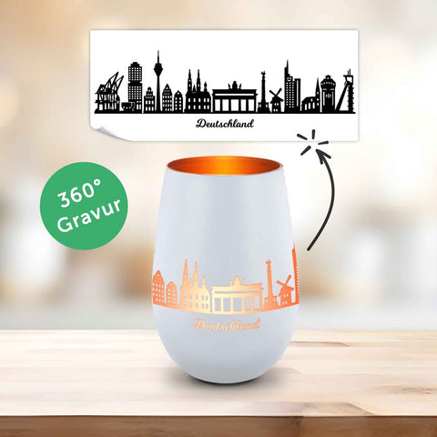 Deko Windlicht aus Glas mit Gravur - Skyline Deutschland