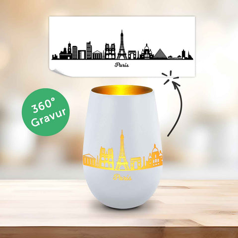 Deko Windlicht aus Glas mit Gravur - Skyline Paris