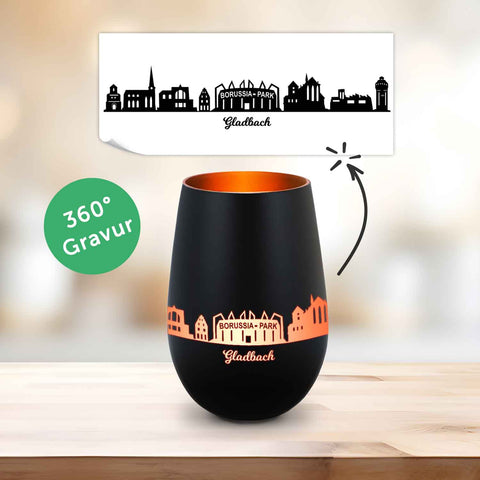 Deko Windlicht aus Glas mit Gravur - Skyline Gladbach