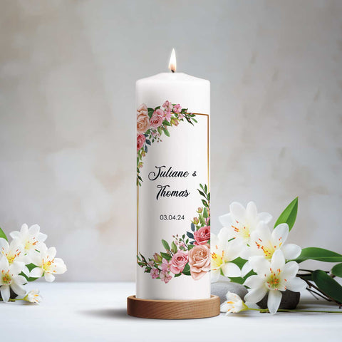 Große Kerze "Floral Golden" - Hochzeitskerze mit Namen, Datum & Wunschtext