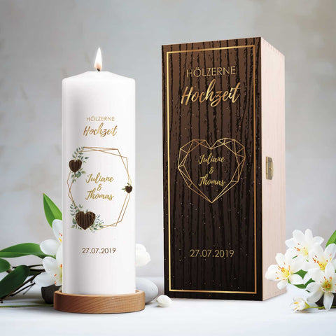 Große Kerze "Hölzerne Hochzeit" - Hochzeitskerze mit Namen, Datum & Wunschtext