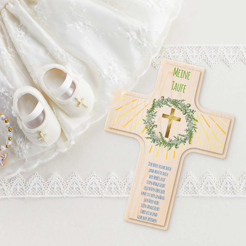 Personalisierbares Holzkreuz zur Taufe Konfirmation und Kommunion - Kranz Design