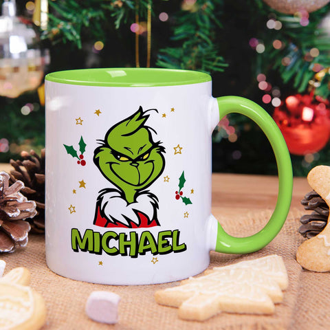 Bedruckte Tasse mit Weihnachtsmotiv - Grinch mit Name