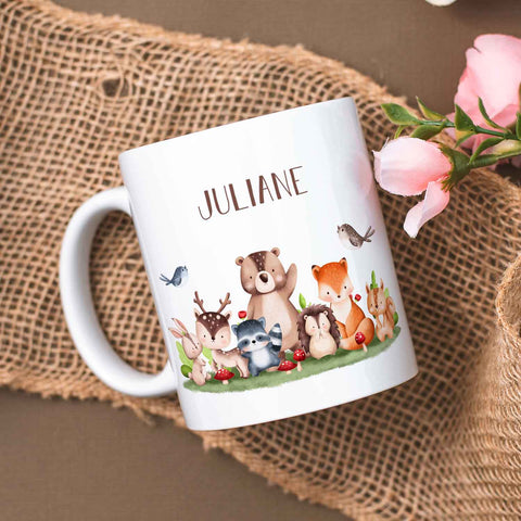 Bedruckte Tasse mit Name - Tiergruppe Wald