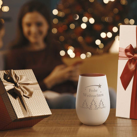 Deko Windlicht aus Glas mit Gravur - Tannenbaum - Frohe Weihnachten